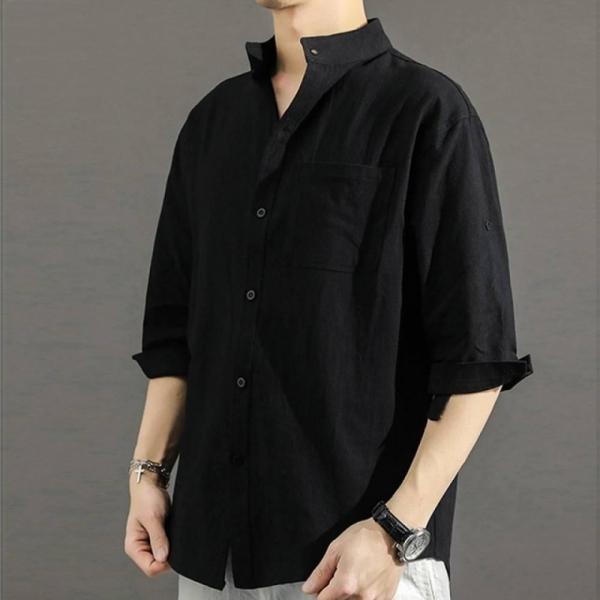 차이나 카라 린넨 반팔 셔츠 롤업 여름 반팔티