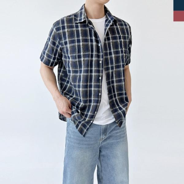 ACC SS1024M 남자 린넨 오버핏 여름 체크 반팔 남방 셔츠