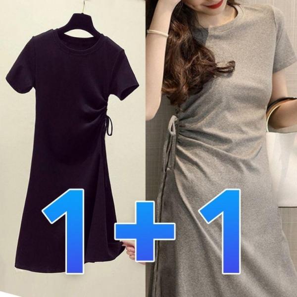 1+1 셔링 반팔 원피스 데일리 라운드 미니 스커트 여름 하객룩 무지 드레스 홈웨어