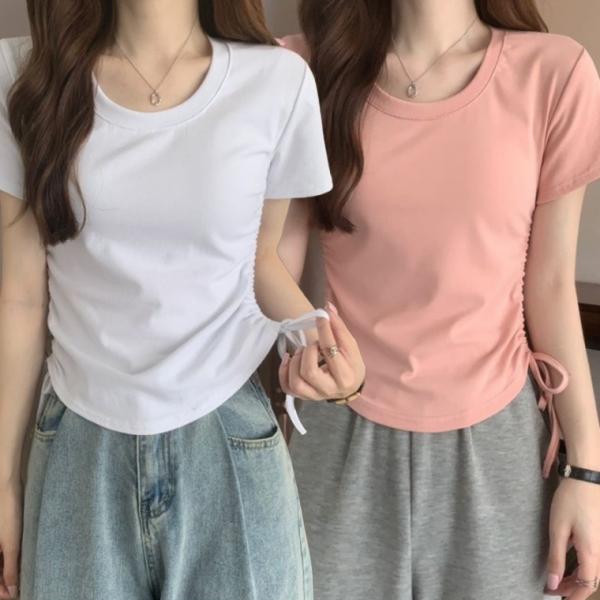 여자 여름 셔링티 U넥 반팔티셔츠 여리핏 세미크롭티 발레코어룩 실켓티