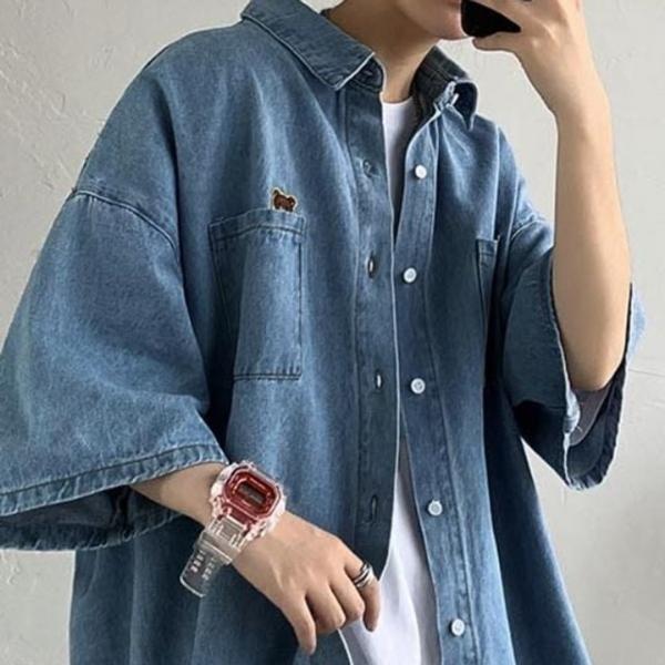 WL 데님 자수 곰돌이 캐릭터 귀여운 베어 유니크 빈티지 박시 셔츠 커플룩 꾸안꾸 사랑스러운