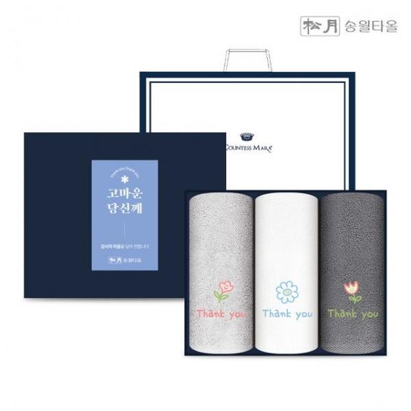 송월 해피플라워 Thank U 자수타올 3P 세트 + 쇼핑백