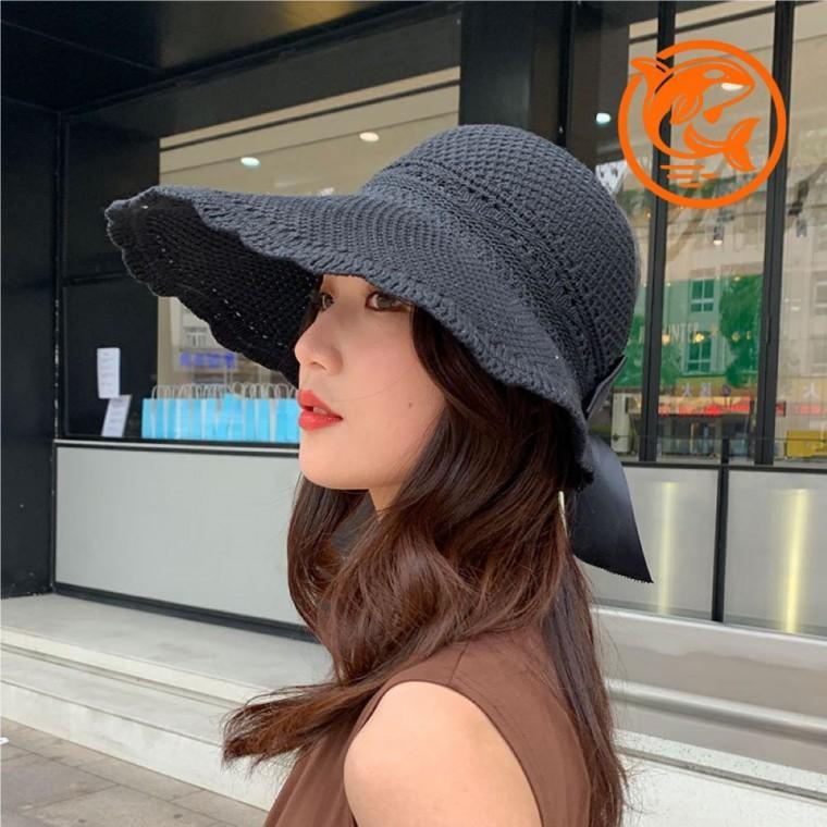 여름 블랙 리본 썬캡 스타일 햇빛 차단 모자 야외용 햇빛가리개