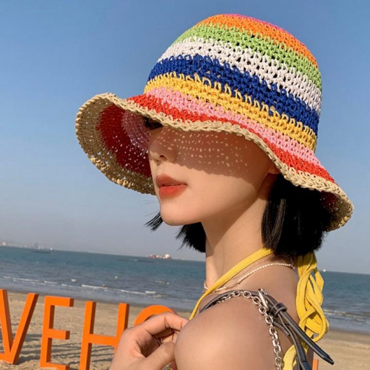 에쁜 레인보우 색감 햇빛 차단 휴가 밀짚 여자 버킷햇