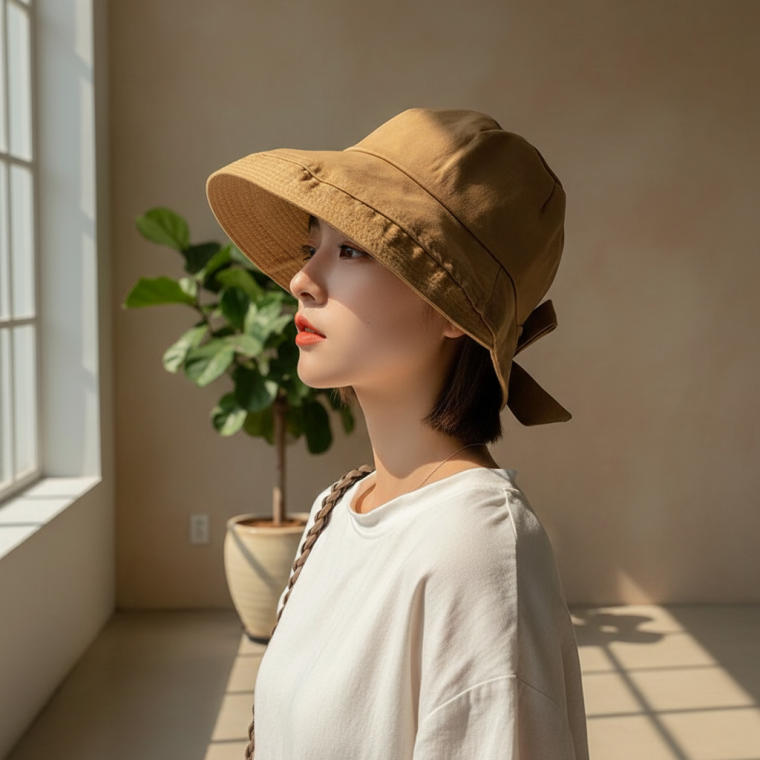 리본 장식 버킷햇 여성용 벙거지 모자 산책 여행용 햇빛 차단 챙모자