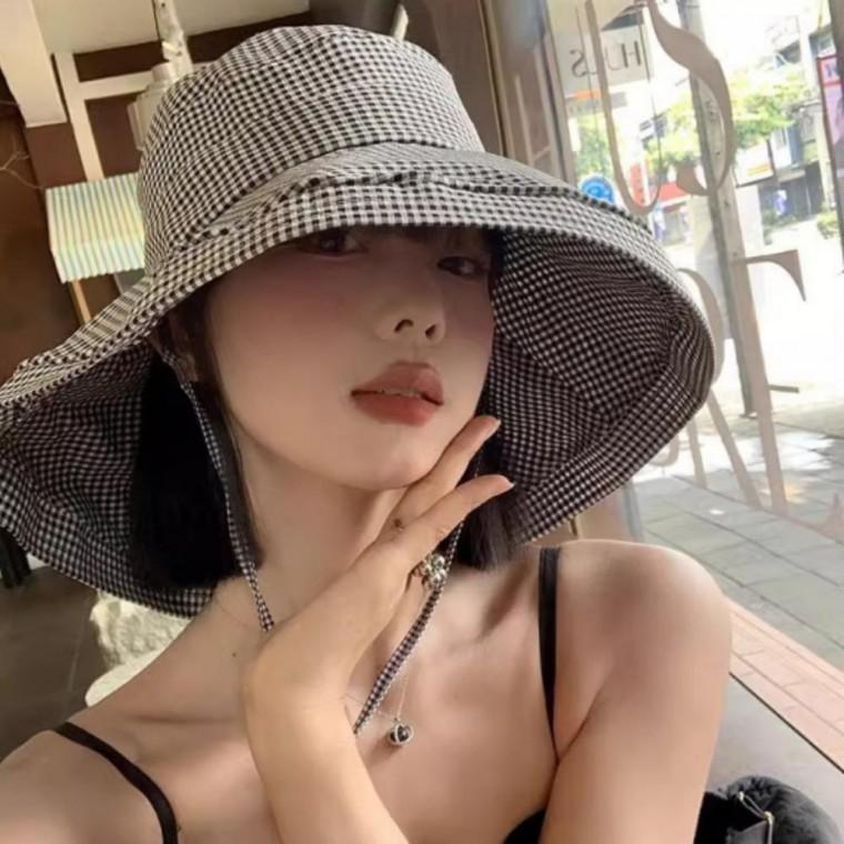 여성 햇빛차단 여름 스포츠 벙거지 모자 체크 버킷햇