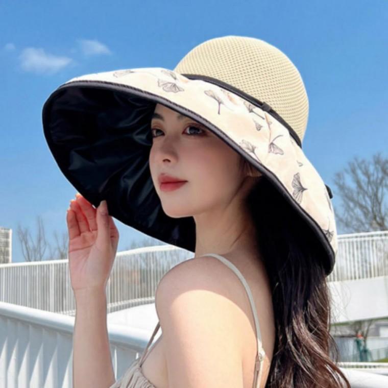 여성용 블랙 코팅 버킷햇 은행잎 햇빛가리개 모자 여름 바캉스 비치 자외선차단 피부보호 패션 벙거지