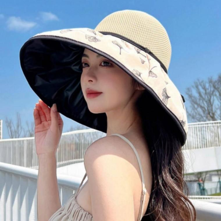 자외선차단 해변 모자 여성 바캉스 여름 패션 벙거지 버킷햇 휴양지 은행잎 패턴 햇빛가리개 비치