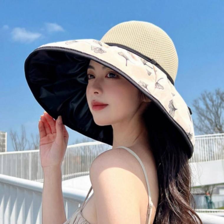 벙거지 햇빛가리개 은행잎 패션 여름 바캉스 버킷햇 비치 모자 블랙 자외선차단 피부보호 여성용 코팅