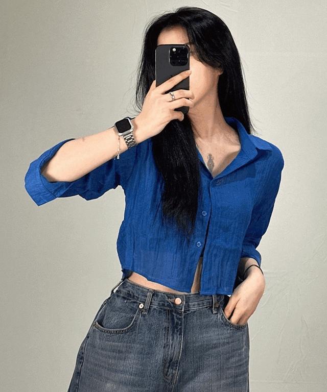 여성 시스루 거즈 린넨 여름 셔츠 남방 [햇빛차단 여자 크롭 루즈핏 화이트 딥 블루 그레이 차콜 흰색]