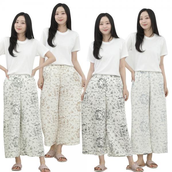 여성 뜨왈 구름면 잠옷바지 데일리 홈웨어 뜨왈패턴 고급 집앞룩 허리밴딩 여름바지 8부바지 통바지 와이드팬츠 데일리룩 우아한 여자 여성용
