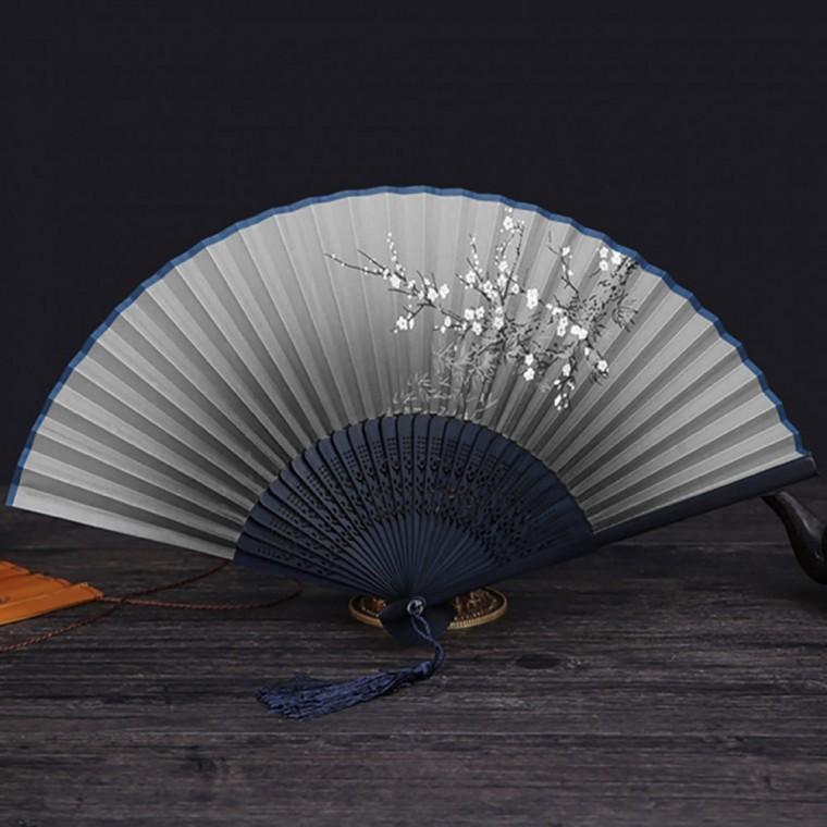 매화꽃 접이식 대나무 부채(블루)-DT/전통 부채/햇빛 차단/여름/동양화