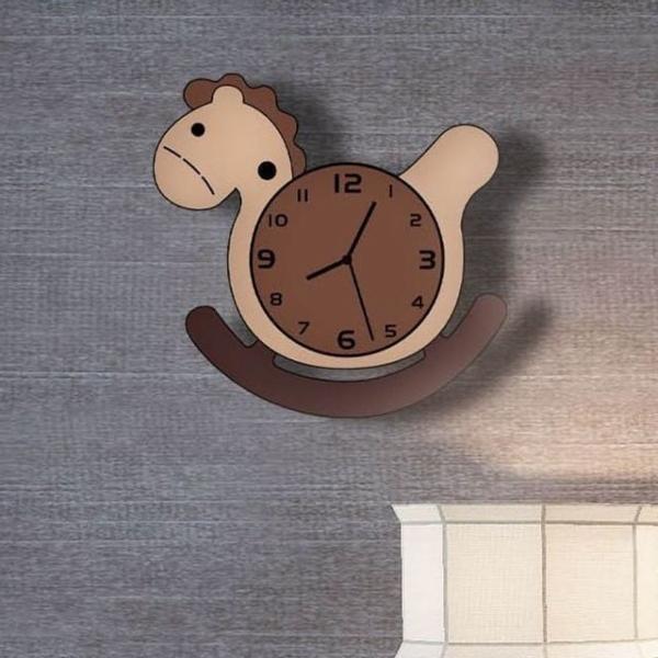 WL 저소음 벽시계 귀여운 목마 홀스 나무 아기방 시계 DIY 제품 유니크한 디자인