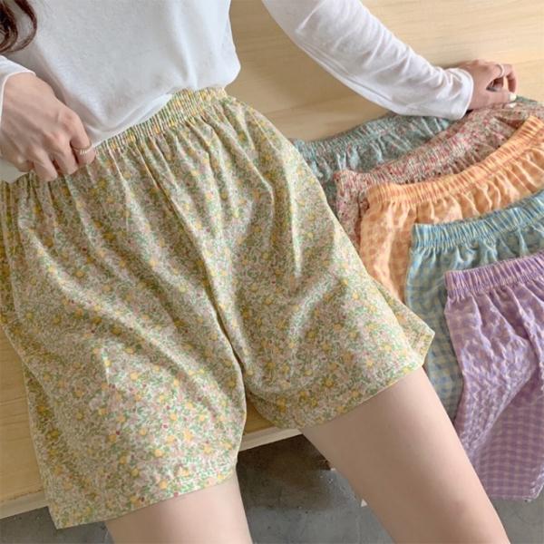 체크 플라워 잠옷 반바지 여성 파자마 바지 홈웨어