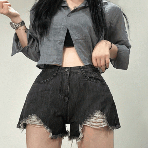 여성 찢어진 숏팬츠 핫팬츠 데님 면 반바지 [4color 여자 여름 하이웨스트 흑청 연청 블랙 화이트 팬츠]