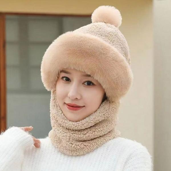 솔프레 일체형 밍크털 모자 넥워머 세트 워머 머플러 후드 방울모자 머플러