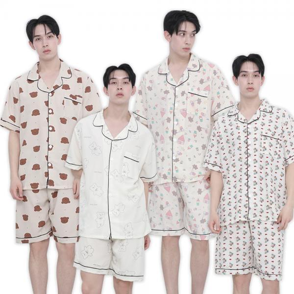 남성 포포면 단추 카라 반팔 잠옷 상하세트 홈웨어 파자마 실내복 여자빅사이즈 여름 커플 가족