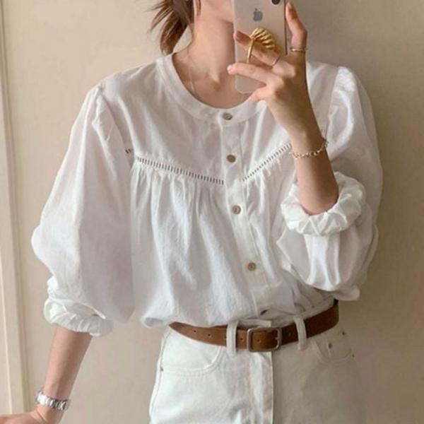 데일리 하객룩 오피스 소매 펀칭 퍼프 여성 블라우스 출퇴근