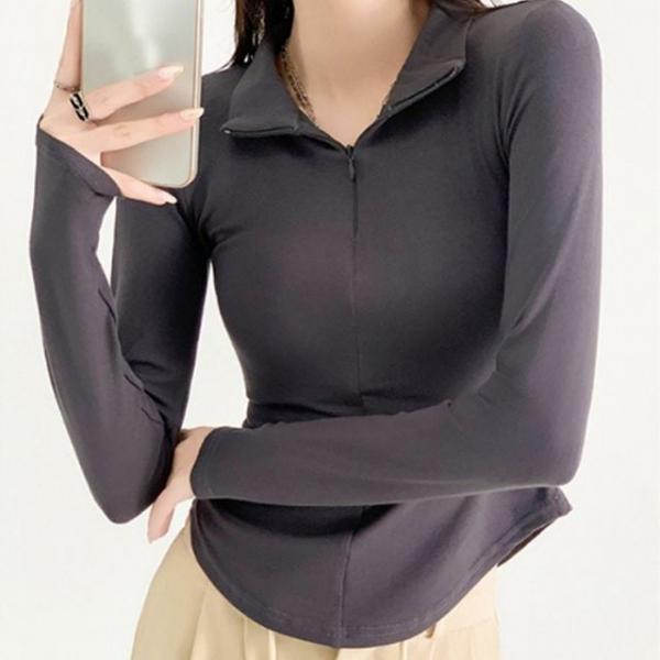 여성 세미 크롭 반집업 긴팔티 1P 반폴라 카라 티셔츠 스포티 이너 패션
