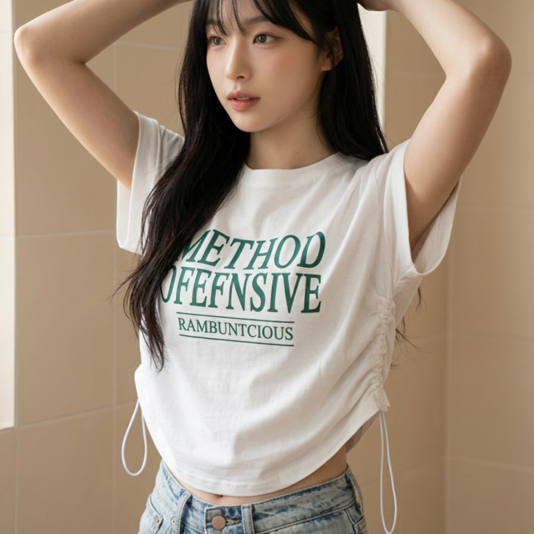 핏조절 옆스트링 셔링 크롭 반팔티 슬림핏 여성 여름 스라운드넥 데일리 캐주얼 숏티셔츠 트렌디룩