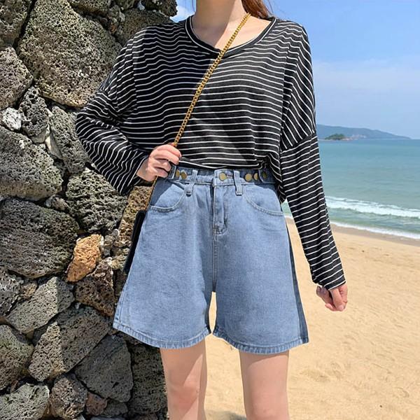 허리조절단추 여름 와이드 데님 청 반바지