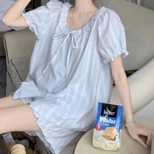 리본 프릴 귀여운 체크 파자마 잠옷
