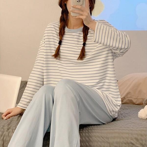 베이직 단가라 줄무늬 홈웨어 세트 긴팔 잠옷