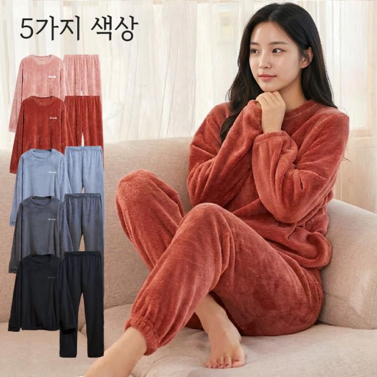 여성 겨울 극세사 무지 라운드 수면 잠옷