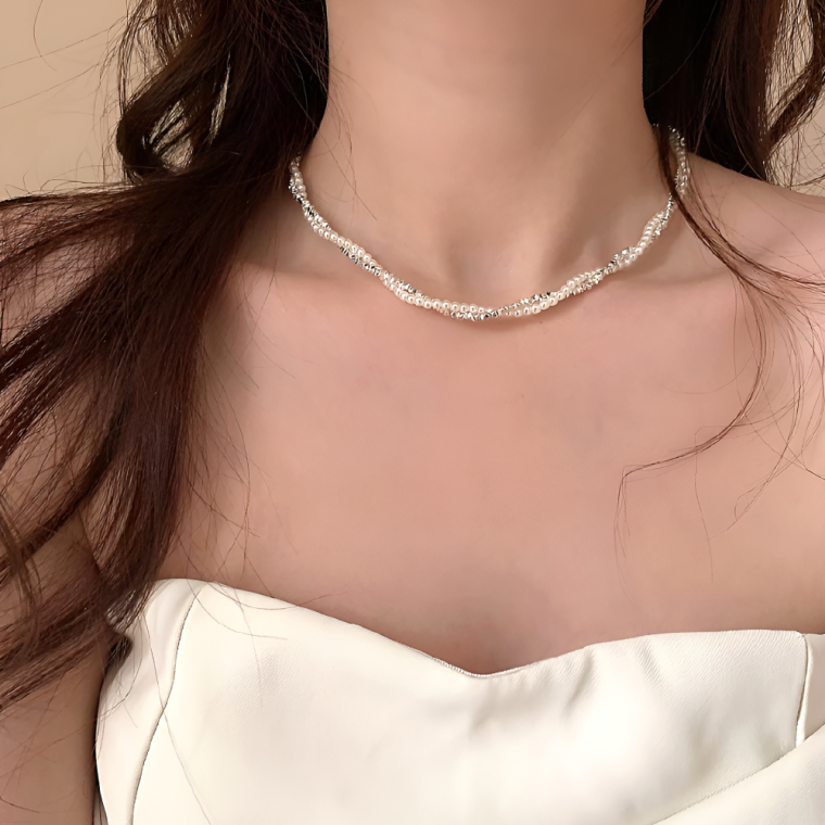 [쓰러담아] 고급 꼬임 레이어드 목걸이 진주 큐빅 체인 네크리스 진주 큐빅 초커 데일리 선물 패션