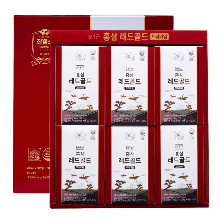 6년근 홍삼 레드골드 프리미엄 70ml x 30포 국내산 6년근 발효 홍삼액 진웰스 홍삼 선물세트