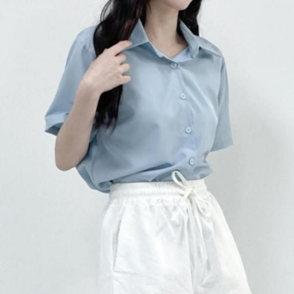 여성 루즈 베이직 기본 카라 데일리 셔츠 반팔 블라우스