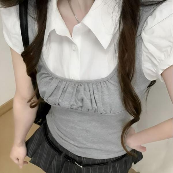 셔링 조끼 레이어드 카라 퍼프 소매 블라우스 셔츠