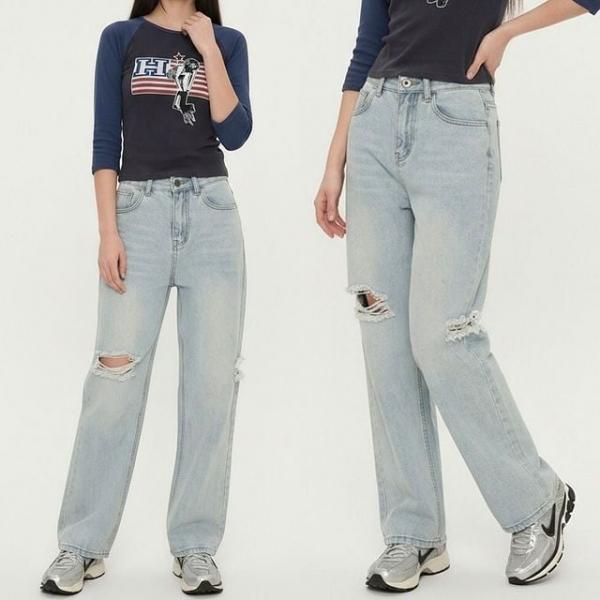 여성 찢청 데님 청바지 스트레이트핏 연청