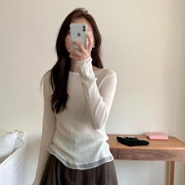 여성 시스루 레이어드 여리핏 긴팔 티셔츠 3색