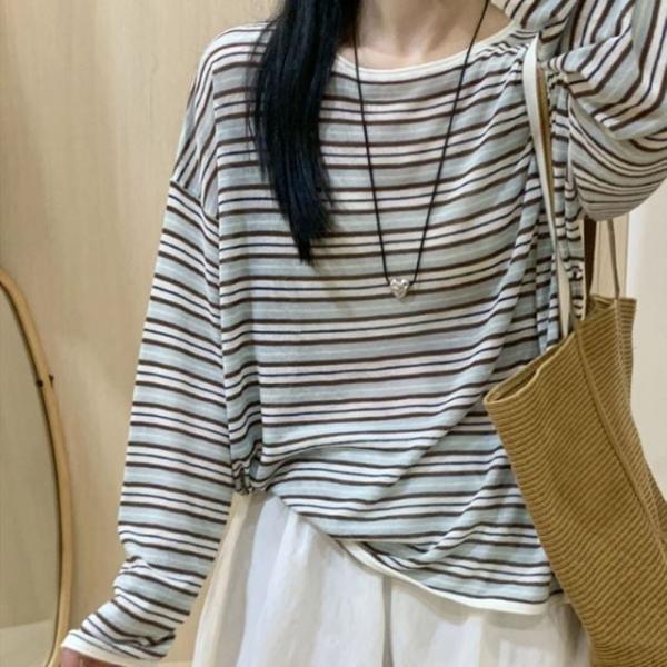 여성 스트라이프 캐주얼 루즈핏 티셔츠 DHHL20