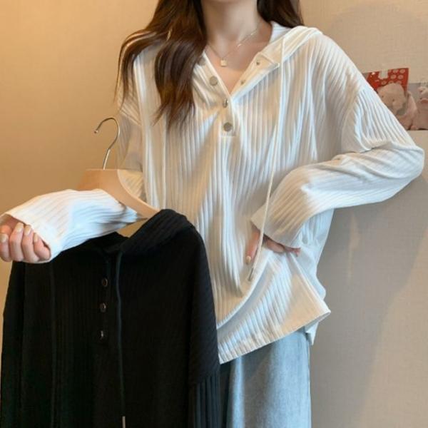 여성 2컬러 골지 버튼 캐주얼 후드 티셔츠 DHHL05