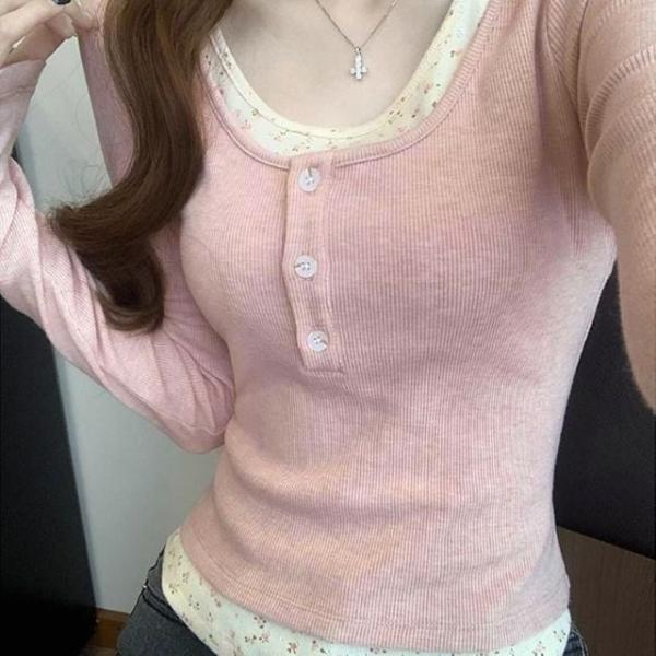 여성 플라워 레이어드 러블리 골지 티셔츠 DHHL03