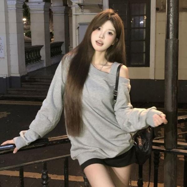 여성 2컬러 원숄더 스트랩 루즈핏 맨투맨 DHHL01