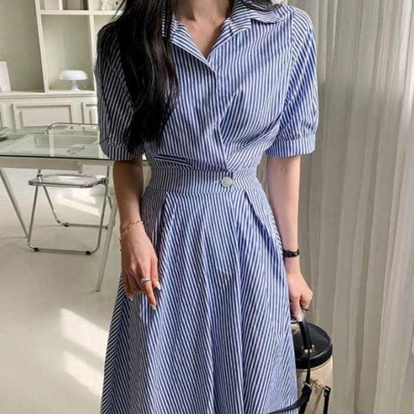 데일리 스트라이프 뒷밴딩 셔츠 원피스 TDN0149