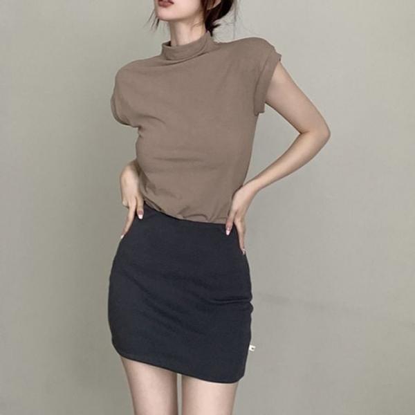 캐주얼 하프 터틀넥 캡소매 크롭 반팔 TDN0055