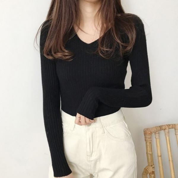 여성 세로 골지 긴팔티 1P 슬림핏 신축성 부드러운 티셔츠 데일리 상의