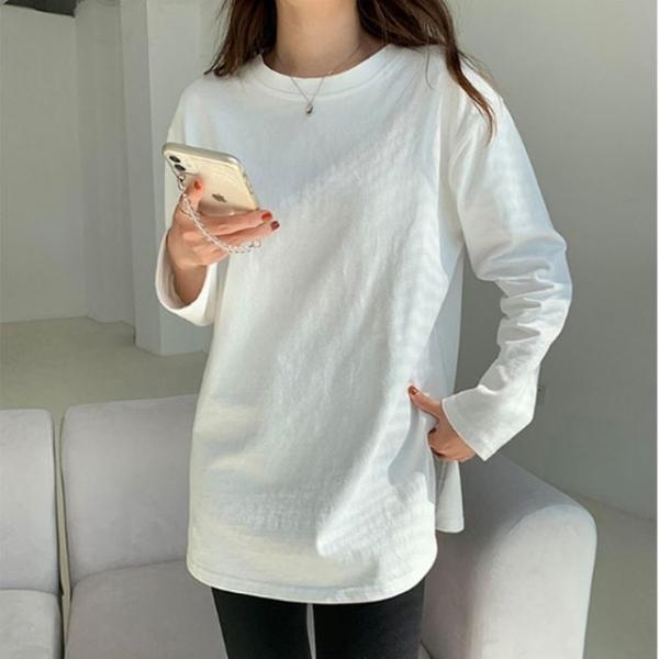 여성 부드러운 옆트임 무지 긴팔티 1P 힙커버 루즈핏 이너 티셔츠 베이직