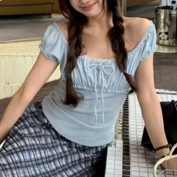 스퀘어넥 셔링 리본 반팔 티셔츠
