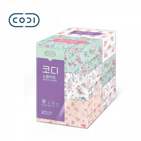 코디 뉴플라워 미용 티슈 2겹 각티슈 갑티슈 250매x6입