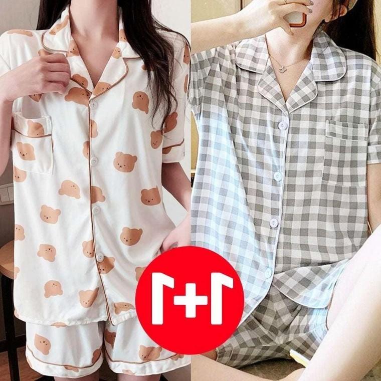 여성 여름 세트 체크 잠옷 크림곰 여름잠옷 여성잠옷 2개 여름 세트 반바지 여자 여성 잠옷