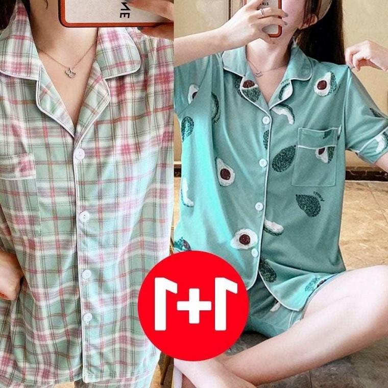 세트 여성 체크민트아보카도 여름잠옷 여성잠옷 잠옷 여름 2개 세트 잠옷 여자 여성 반바지 여름