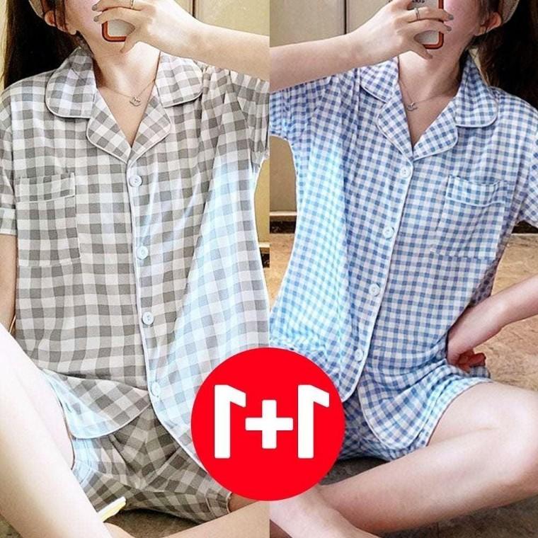 체크 잠옷 세트 여름잠옷 여성잠옷 2개 그레이 여름 여성 반바지 여성 잠옷 여자 세트 여름