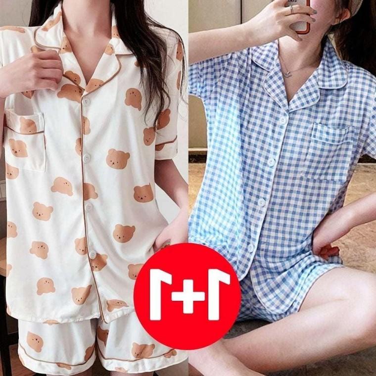 크림곰 잠옷 여름잠옷 여성잠옷 세트 2개 체크 여성 여름 여성 반바지 세트 잠옷 여름 여자