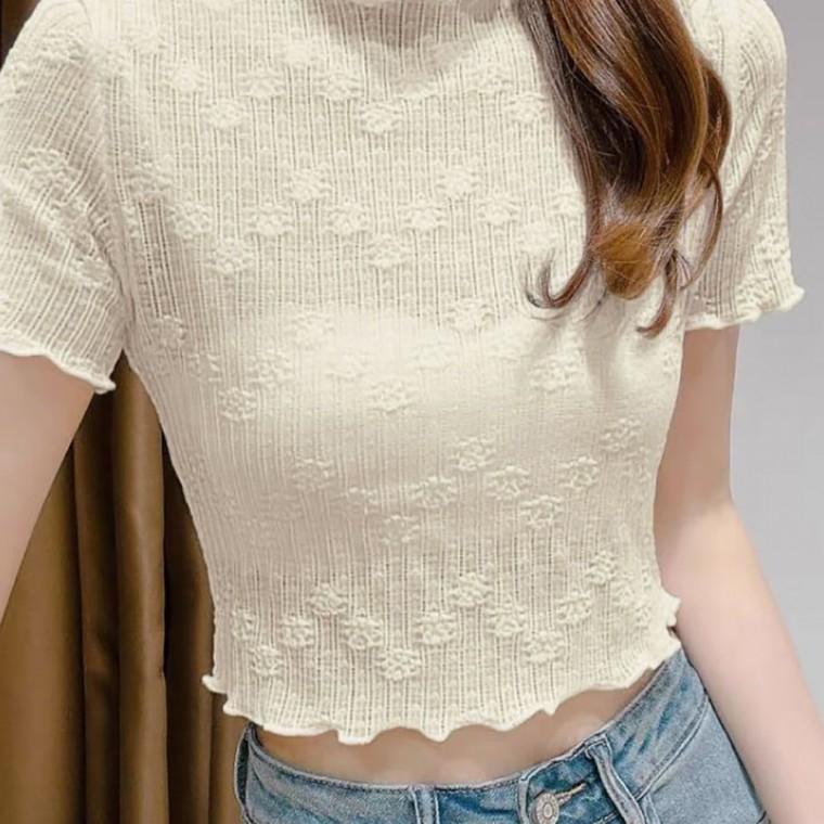 시스루 자수 반팔 티셔츠 여자 크롭반팔티