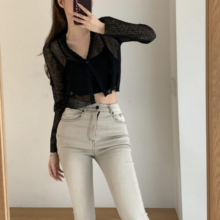 여성 원버튼 프릴 여리 시스루 썸머 가디건